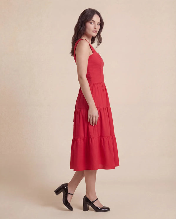 THE ESME SQUARE NECK LACE UP BACK SUNDRESS IN RED