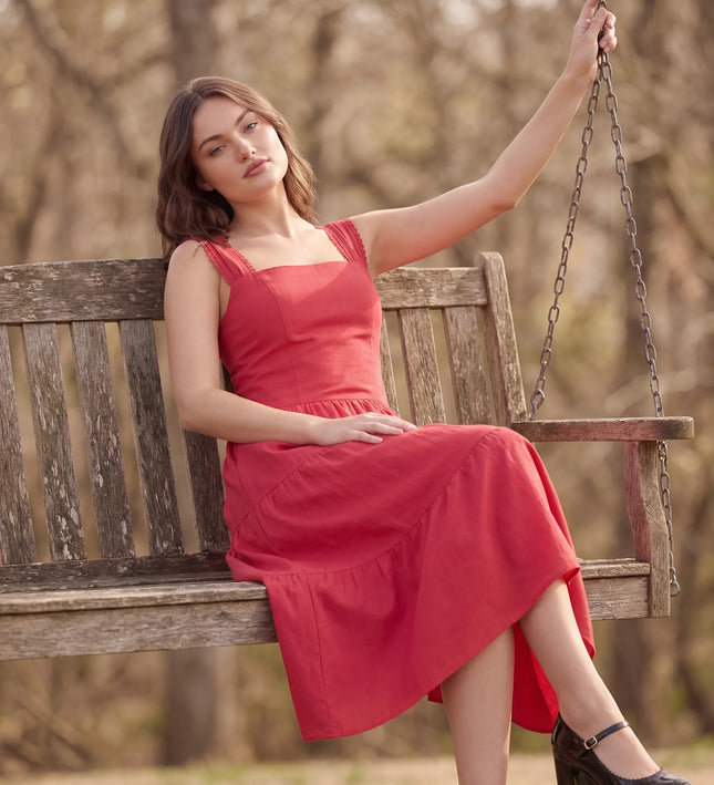 THE ESME SQUARE NECK LACE UP BACK SUNDRESS IN RED