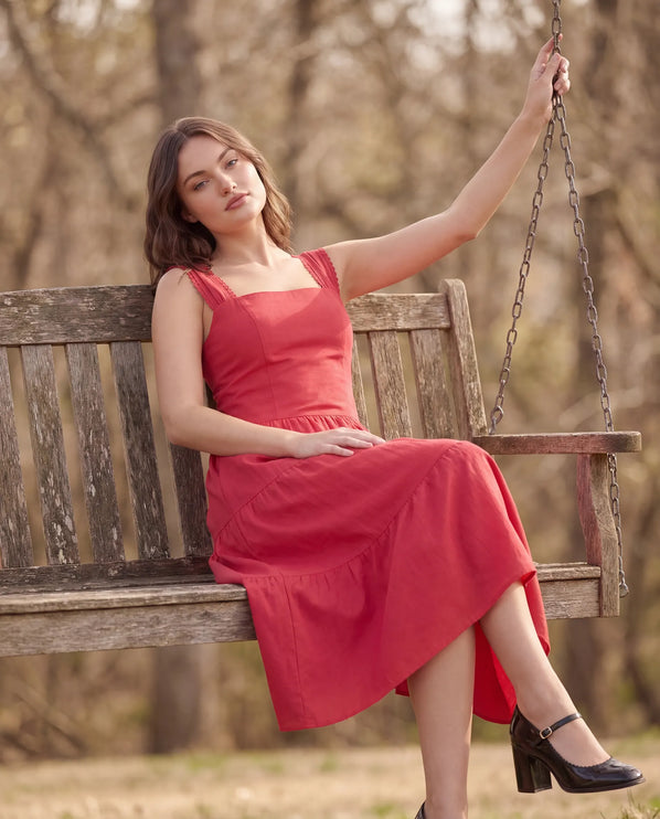 THE ESME SQUARE NECK LACE UP BACK SUNDRESS IN RED