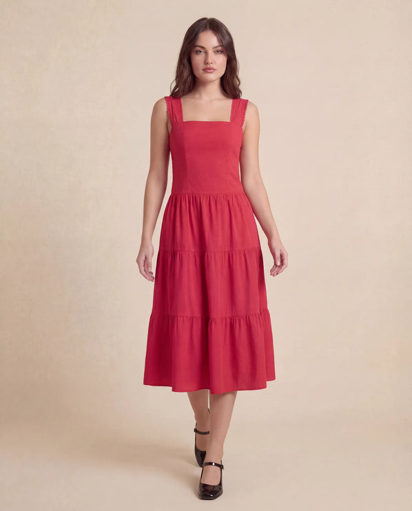 THE ESME SQUARE NECK LACE UP BACK SUNDRESS IN RED