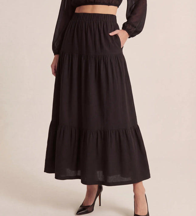 THE ORLA LINEN BOHO MAXI SKIRT IN BLACK