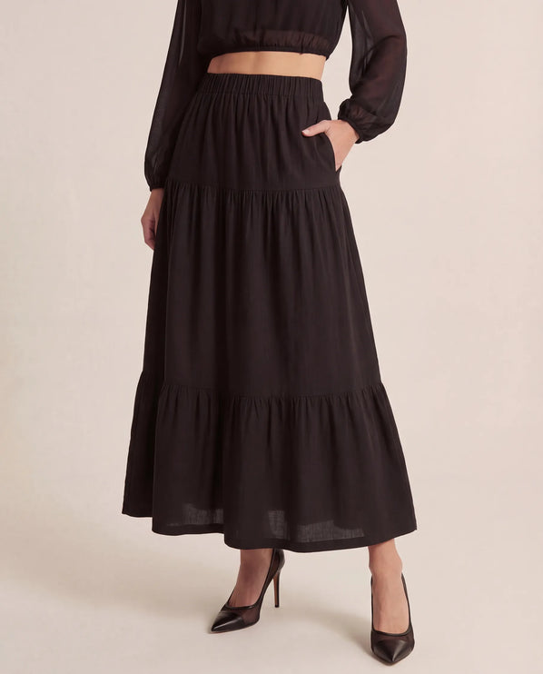 THE ORLA LINEN BOHO MAXI SKIRT IN BLACK