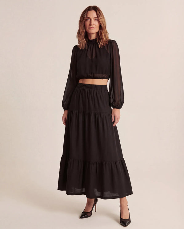 THE ORLA LINEN BOHO MAXI SKIRT IN BLACK