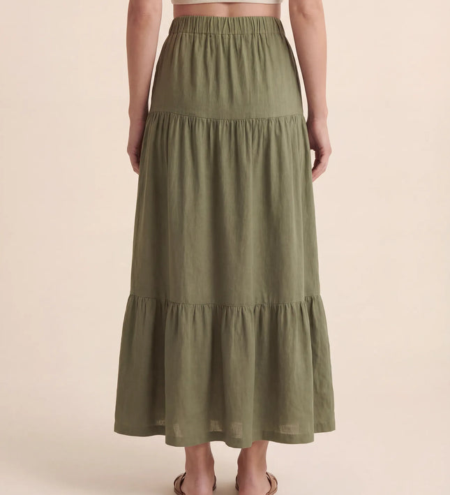 THE ORLA LINEN BOHO MAXI SKIRT IN KHAKI