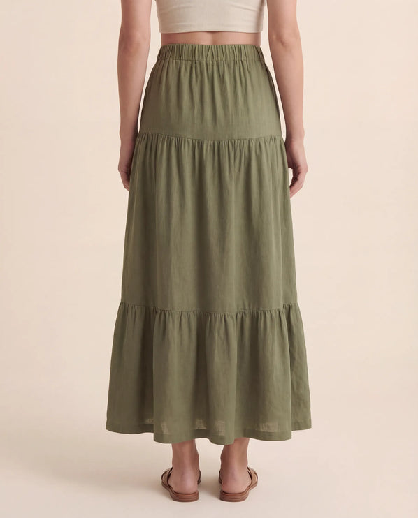 THE ORLA LINEN BOHO MAXI SKIRT IN KHAKI
