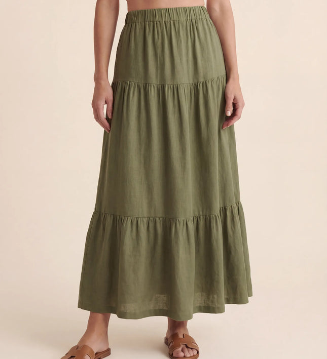 THE ORLA LINEN BOHO MAXI SKIRT IN KHAKI