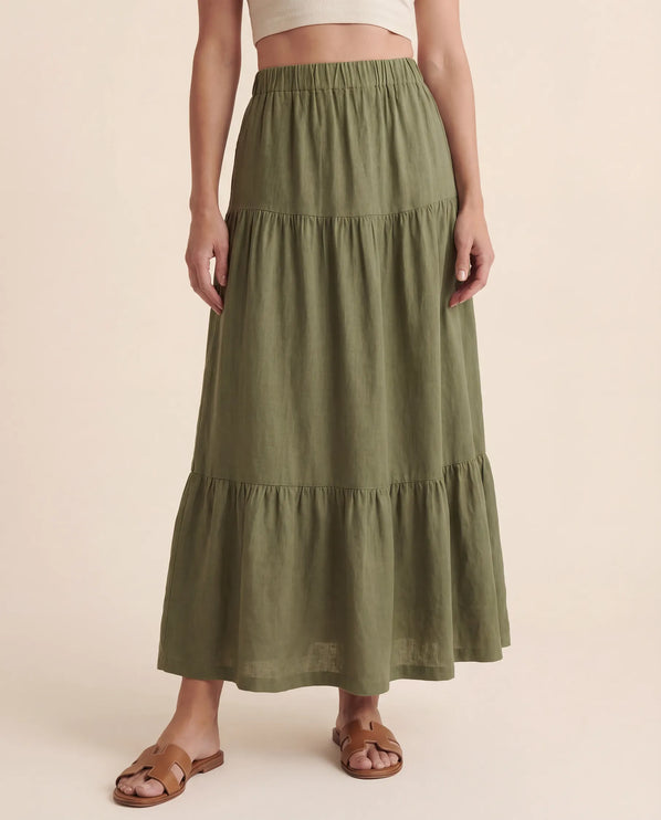 THE ORLA LINEN BOHO MAXI SKIRT IN KHAKI