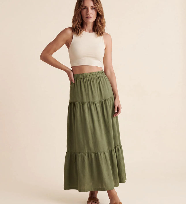 THE ORLA LINEN BOHO MAXI SKIRT IN KHAKI