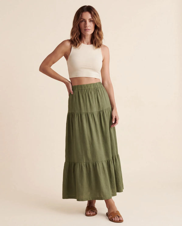 THE ORLA LINEN BOHO MAXI SKIRT IN KHAKI