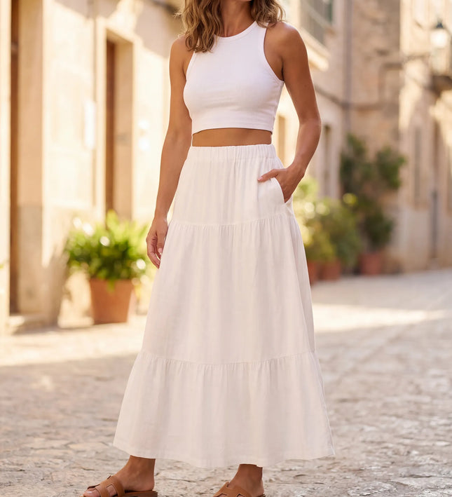 THE ORLA LINEN BOHO MAXI SKIRT IN WHITE