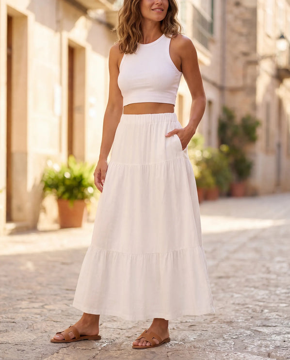 THE ORLA LINEN BOHO MAXI SKIRT IN WHITE