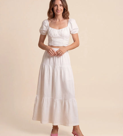 THE ORLA LINEN BOHO MAXI SKIRT IN WHITE