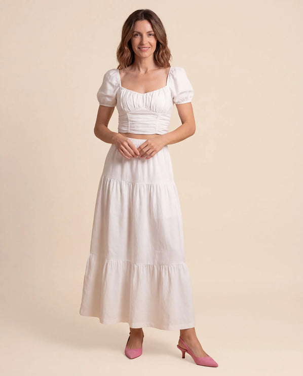 THE ORLA LINEN BOHO MAXI SKIRT IN WHITE