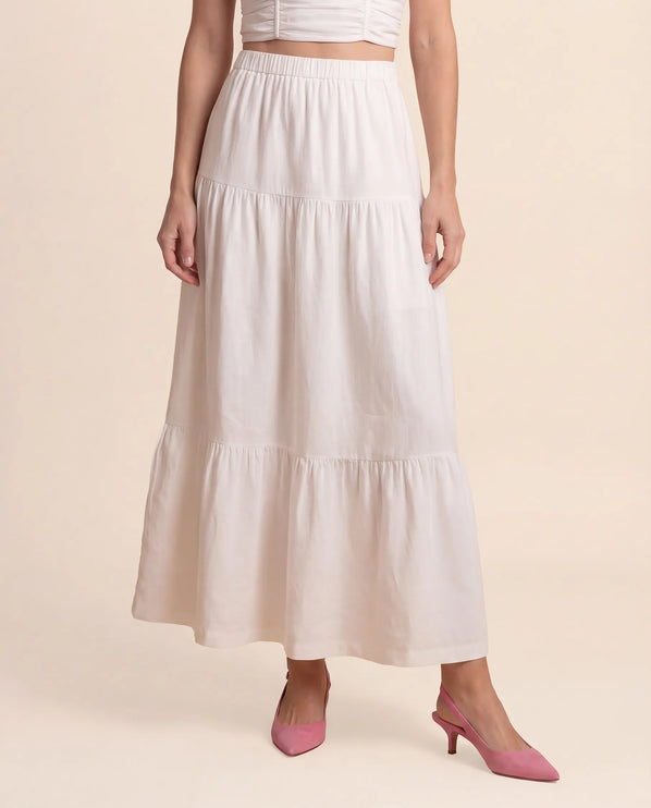 THE ORLA LINEN BOHO MAXI SKIRT IN WHITE