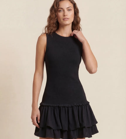 THE ELIA WAFFLE TIERED MINI DRESS IN BLACK
