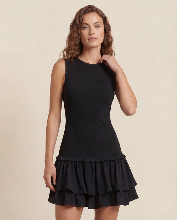 THE ELIA WAFFLE TIERED MINI DRESS IN BLACK