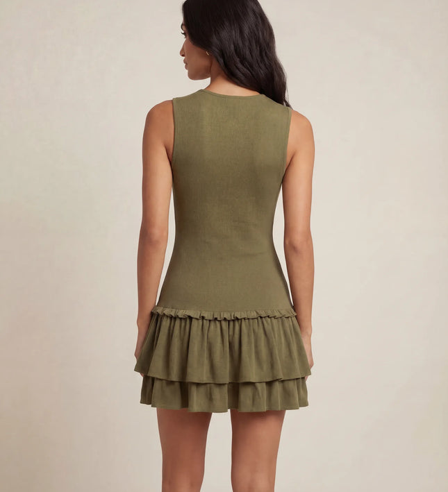 THE ELIA WAFFLE TIERED MINI DRESS IN KHAKI