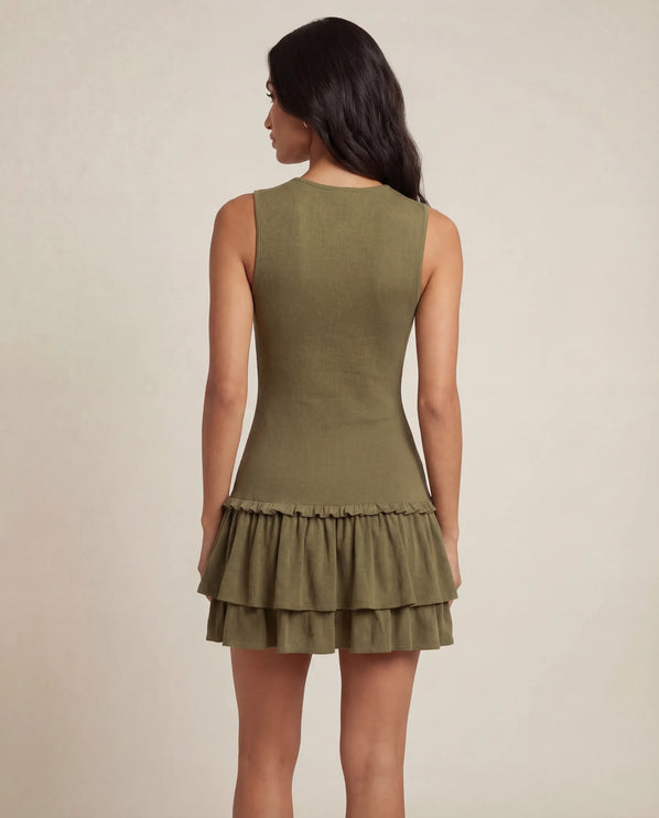 THE ELIA WAFFLE TIERED MINI DRESS IN KHAKI
