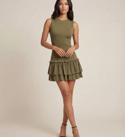 THE ELIA WAFFLE TIERED MINI DRESS IN KHAKI
