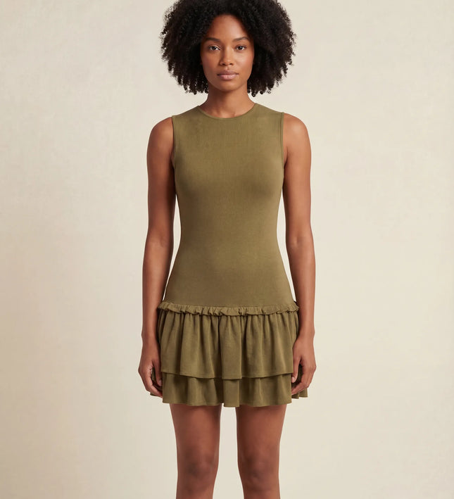 THE ELIA WAFFLE TIERED MINI DRESS IN KHAKI MUD