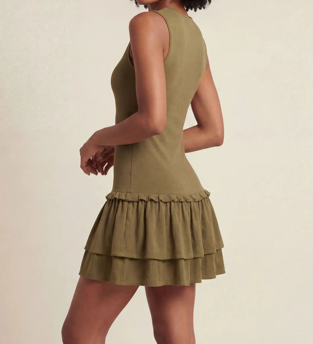 THE ELIA WAFFLE TIERED MINI DRESS IN KHAKI MUD