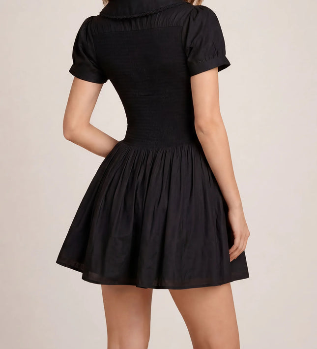THE FREYA LACE-TRIMMED PETER PAN COLLAR MINI DRESS - BLACK