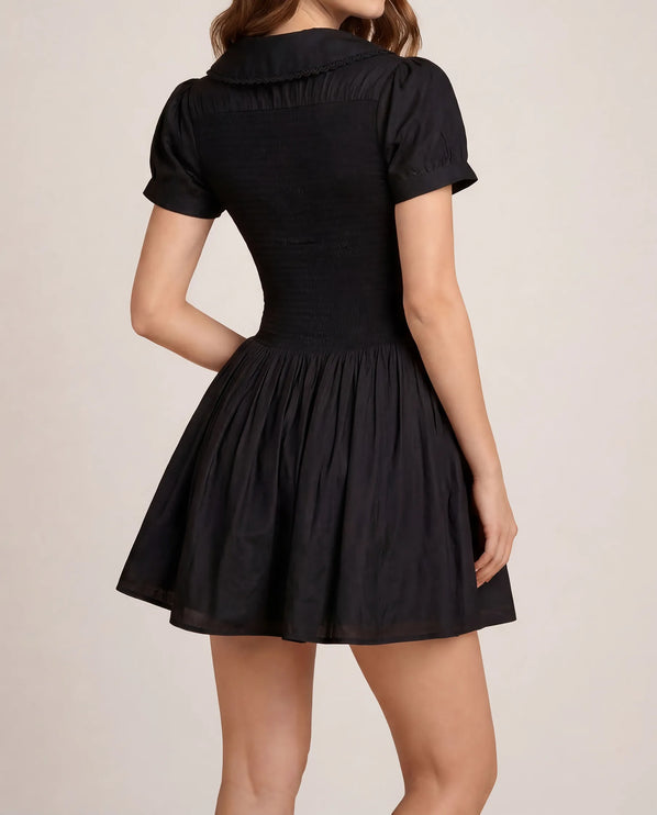 THE FREYA LACE-TRIMMED PETER PAN COLLAR MINI DRESS - BLACK