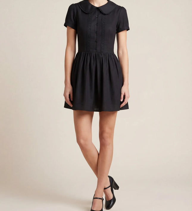 THE FREYA LACE-TRIMMED PETER PAN COLLAR MINI DRESS - BLACK