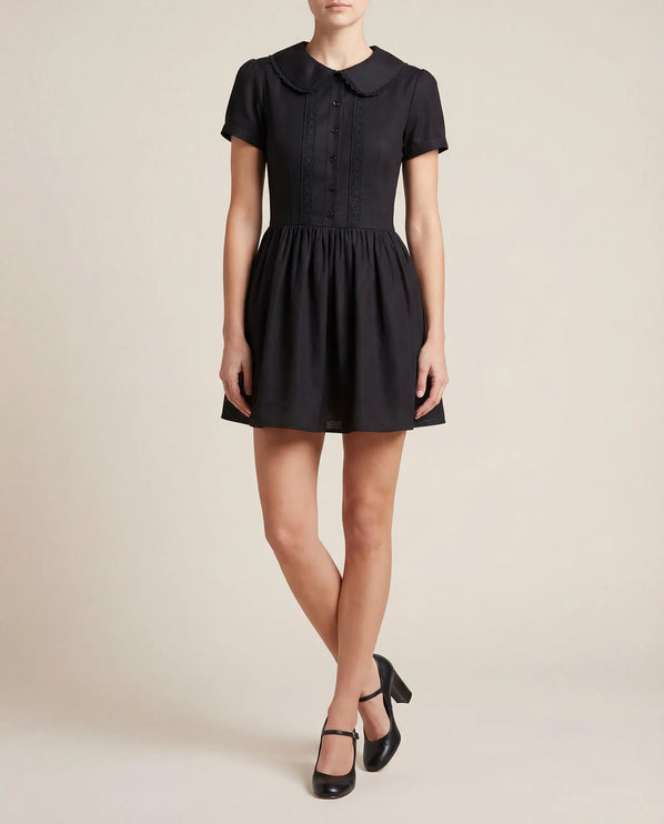 THE FREYA LACE-TRIMMED PETER PAN COLLAR MINI DRESS - BLACK
