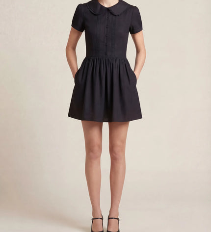 THE FREYA LACE-TRIMMED PETER PAN COLLAR MINI DRESS - BLACK