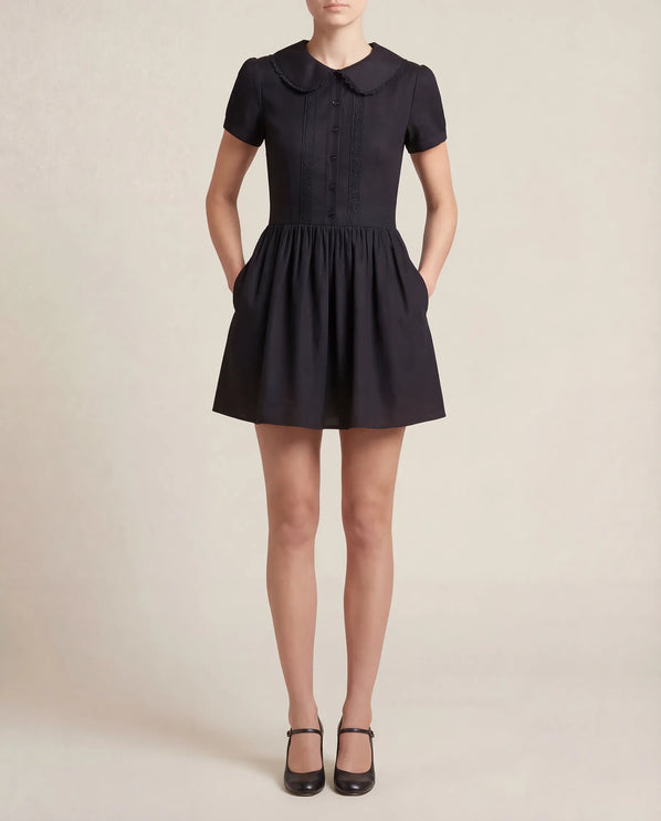 THE FREYA LACE-TRIMMED PETER PAN COLLAR MINI DRESS - BLACK