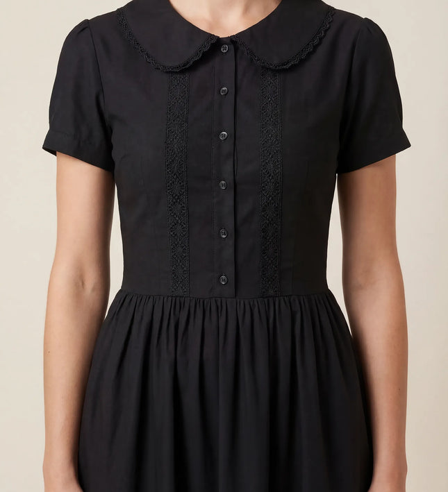 THE FREYA LACE-TRIMMED PETER PAN COLLAR MINI DRESS - BLACK