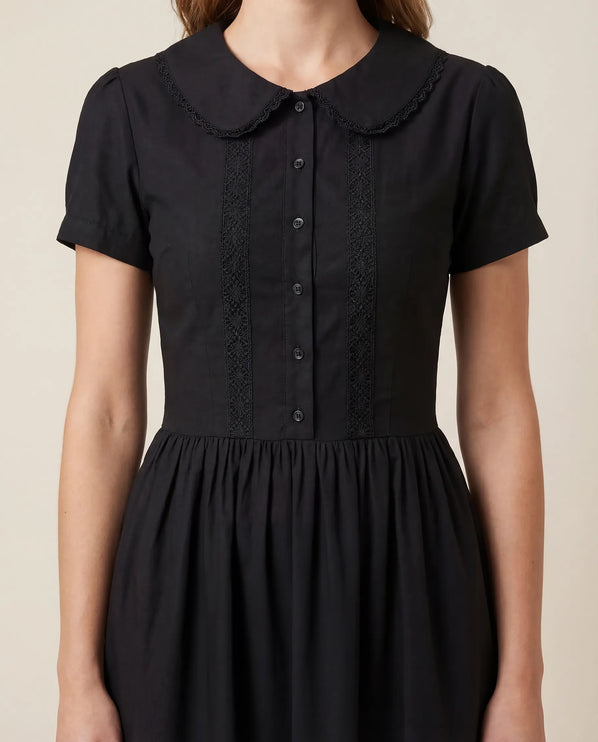 THE FREYA LACE-TRIMMED PETER PAN COLLAR MINI DRESS - BLACK
