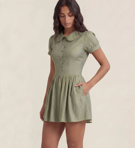 THE FREYA LACE-TRIMMED PETER PAN COLLAR MINI DRESS - SAGE GREEN