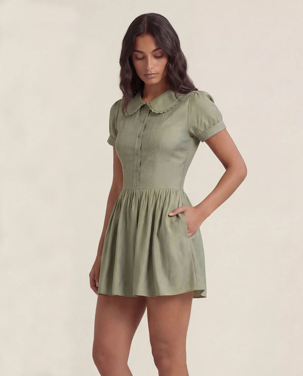 THE FREYA LACE-TRIMMED PETER PAN COLLAR MINI DRESS - SAGE GREEN