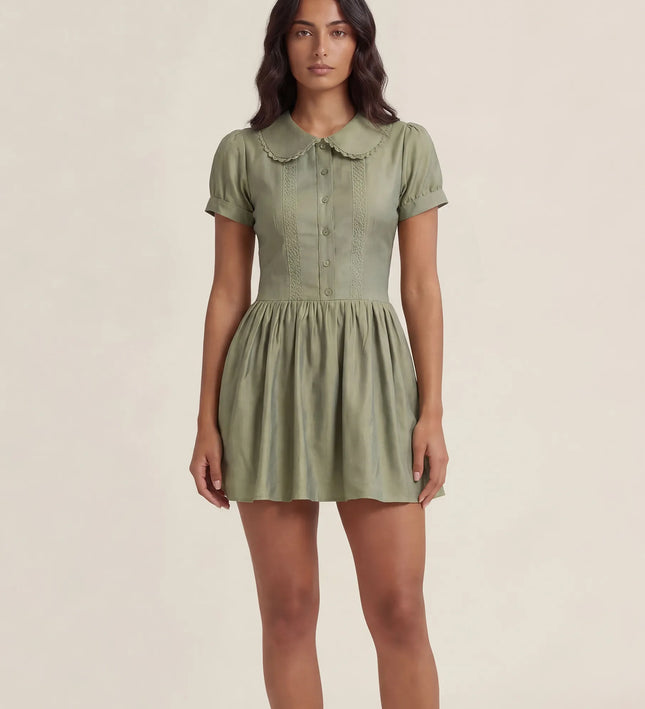 THE FREYA LACE-TRIMMED PETER PAN COLLAR MINI DRESS - SAGE GREEN