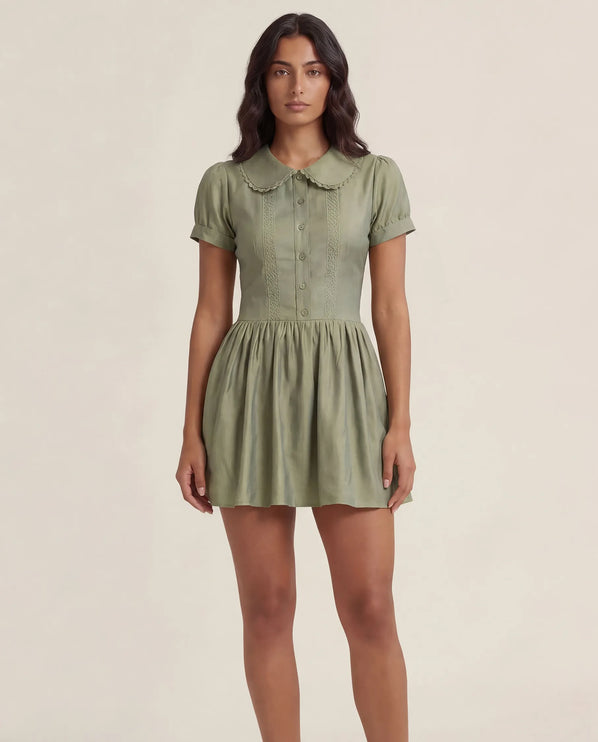 THE FREYA LACE-TRIMMED PETER PAN COLLAR MINI DRESS - SAGE GREEN