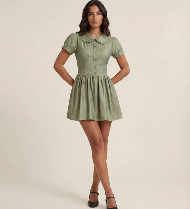 THE FREYA LACE-TRIMMED PETER PAN COLLAR MINI DRESS - SAGE GREEN