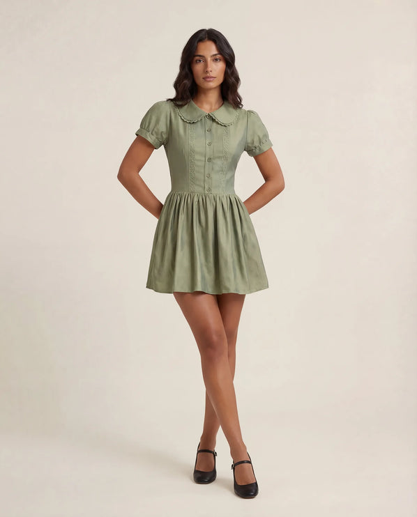 THE FREYA LACE-TRIMMED PETER PAN COLLAR MINI DRESS - SAGE GREEN