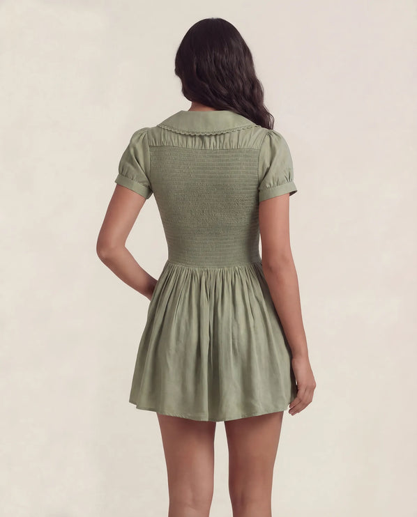 THE FREYA LACE-TRIMMED PETER PAN COLLAR MINI DRESS - SAGE GREEN