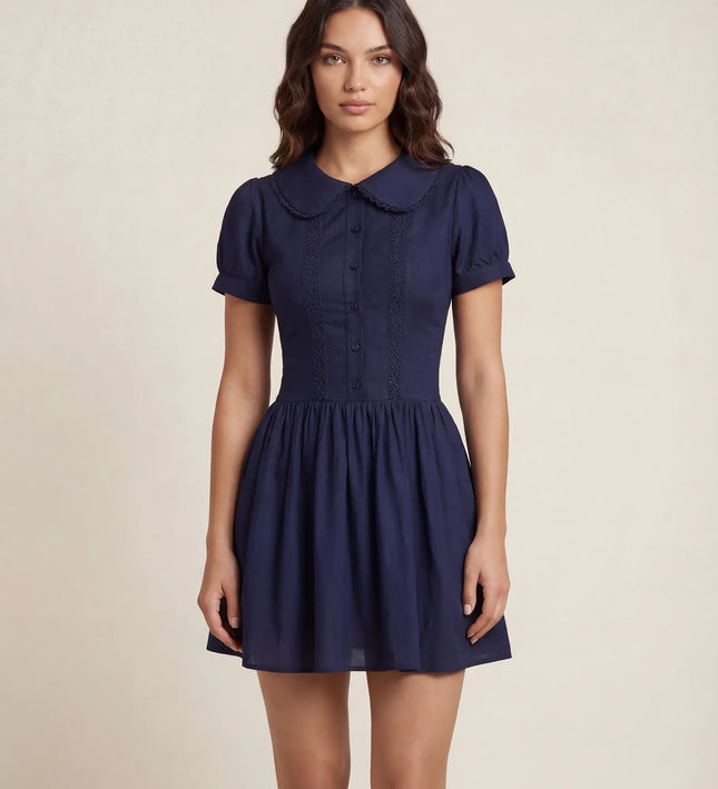 THE FREYA LACE-TRIMMED PETER PAN COLLAR MINI DRESS - NAVY