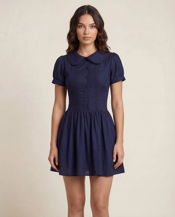 THE FREYA LACE-TRIMMED PETER PAN COLLAR MINI DRESS - NAVY