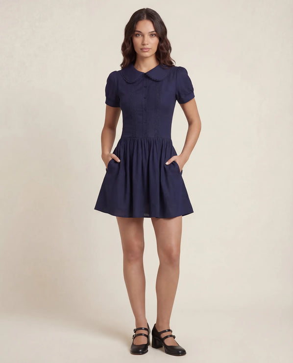 THE FREYA LACE-TRIMMED PETER PAN COLLAR MINI DRESS - NAVY