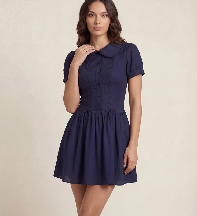 THE FREYA LACE-TRIMMED PETER PAN COLLAR MINI DRESS - NAVY