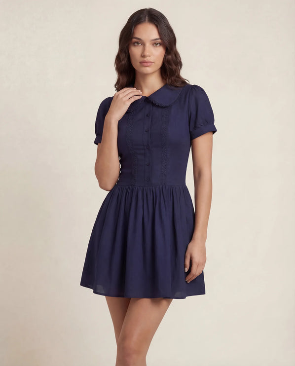 THE FREYA LACE-TRIMMED PETER PAN COLLAR MINI DRESS - NAVY