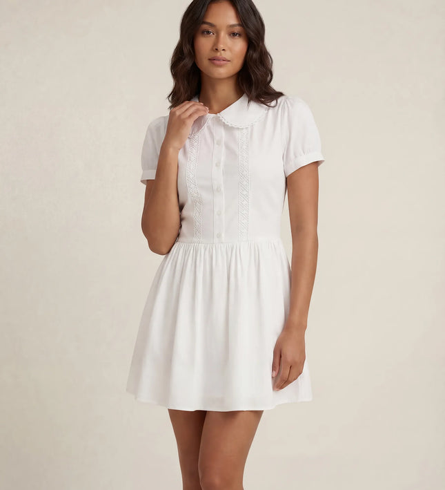 THE FREYA LACE-TRIMMED PETER PAN COLLAR MINI DRESS - WHITE