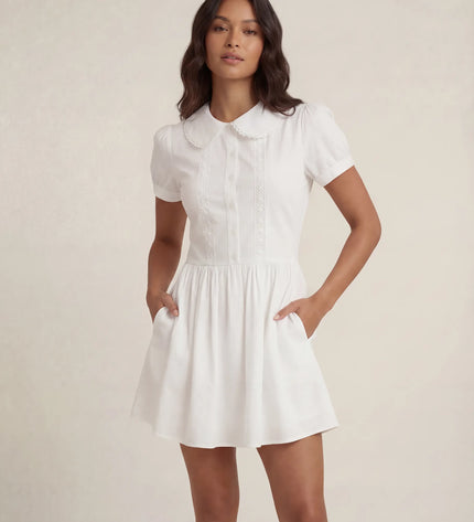 THE FREYA LACE-TRIMMED PETER PAN COLLAR MINI DRESS - WHITE