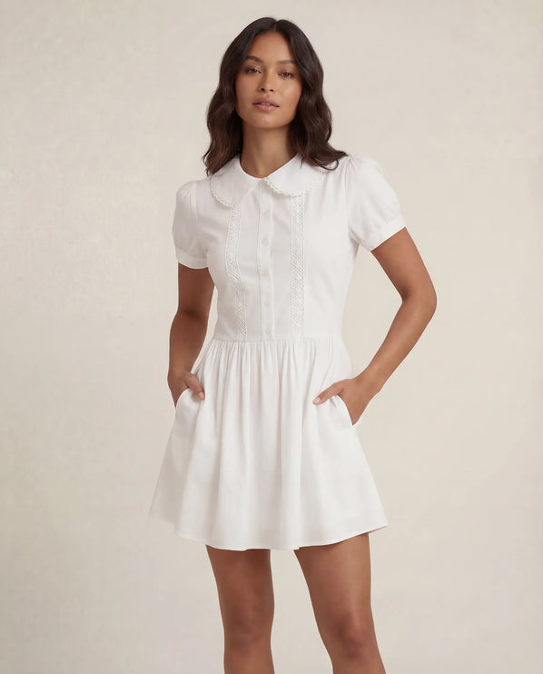 THE FREYA LACE-TRIMMED PETER PAN COLLAR MINI DRESS - WHITE