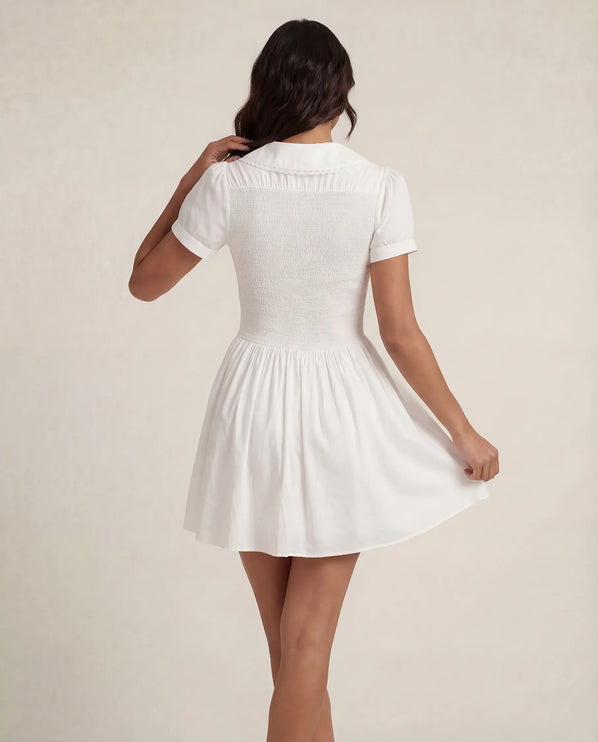 THE FREYA LACE-TRIMMED PETER PAN COLLAR MINI DRESS - WHITE