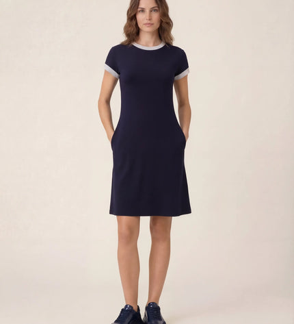 THE LIV T-SHIRT MIDI DRESS IN NAVY/LIGHT GREY